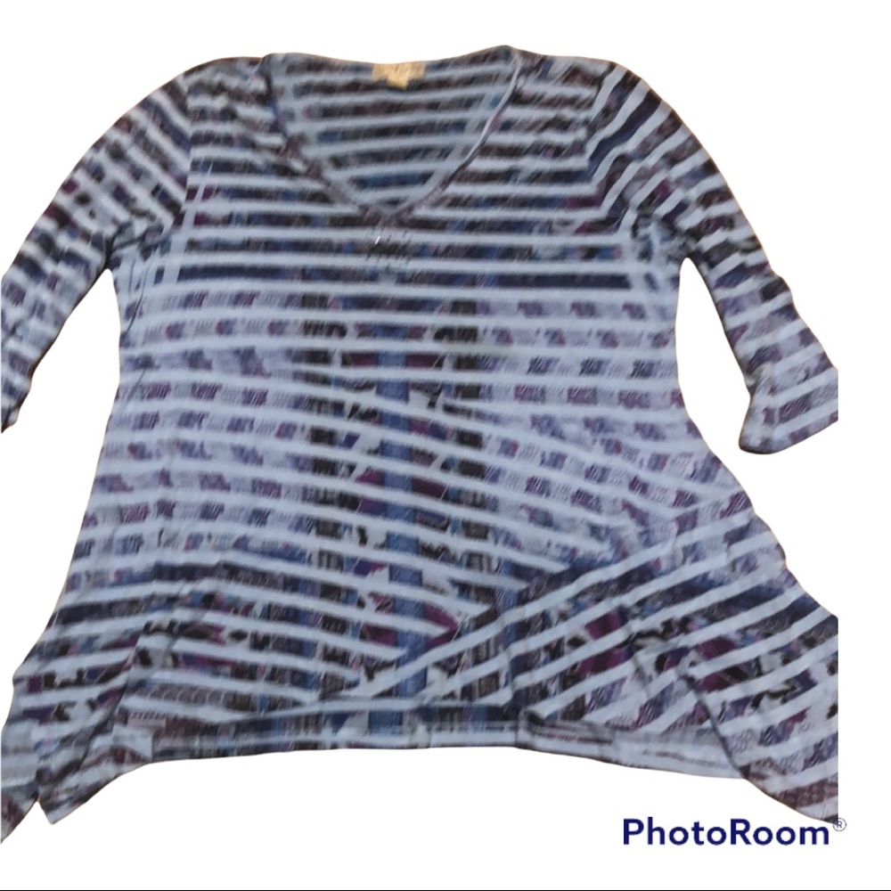 Live And Let Live Embellished Blue Stripe Shark Bite V Neck 3/4 Sleeve Top Large